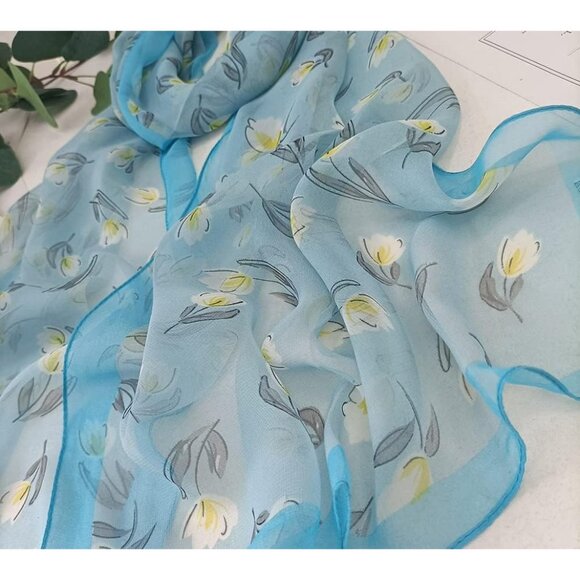 Women's  Light Blue Fashion Lightweight Head Scarf Floral Print Chiffon Scarves - Picture 2 of 5